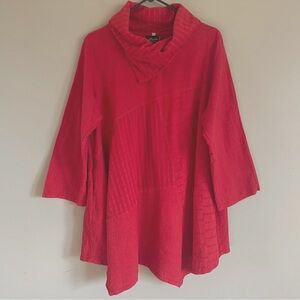 Zumi Red Gauzy Cotton Top L XL Lagenlook Assmetrical Hem Pockets Cotton Tunic